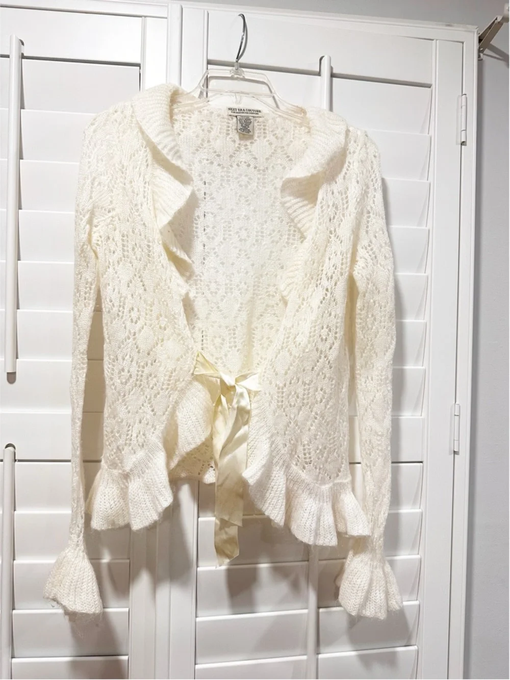 Next Era Couture Cream Lace Knit Cardigan Ruffle Bell Sleeve Tie Front Boho  Y2K - Picture 2 of 11